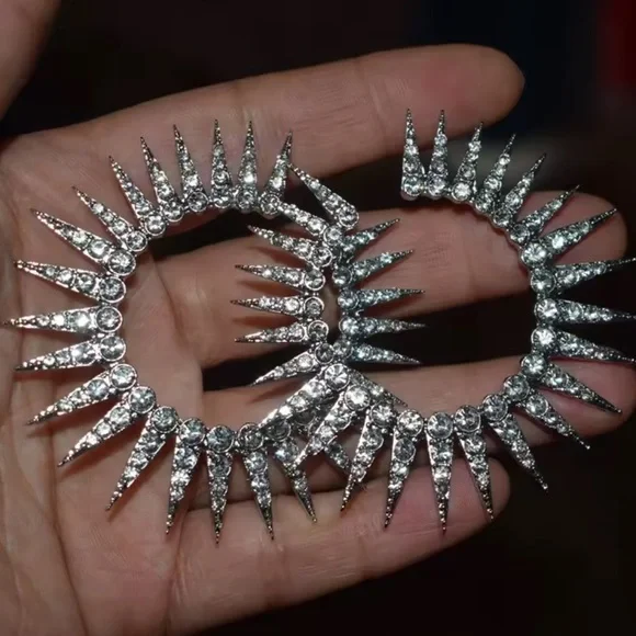 Lux! Silver Spike Rhinestone Hoop Earring – 40mm Statement Sparkle Circle - Picture 4 of 14